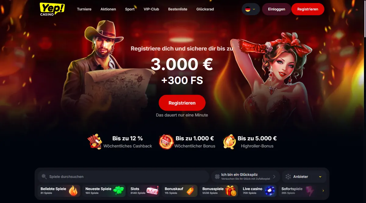 Startseite von Yep Casino am PC