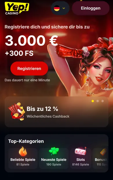 Startseite von Yep Casino im Handy-Browser