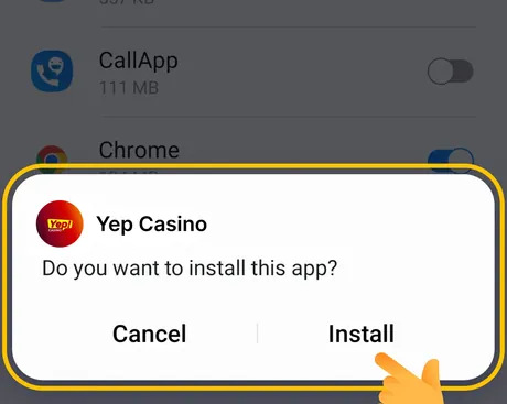 Android-Dialog: Yep Casino installieren