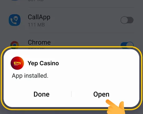 Android-Dialog: Yep Casino App installiert, öffnen